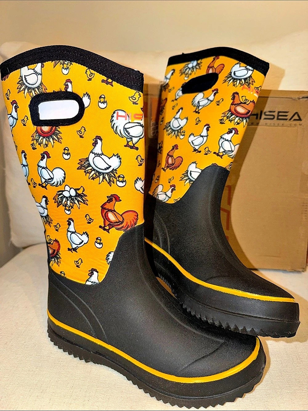 NWB HISEA Women's Rubber Mid-Calf Rain Boots Chickens Yellow